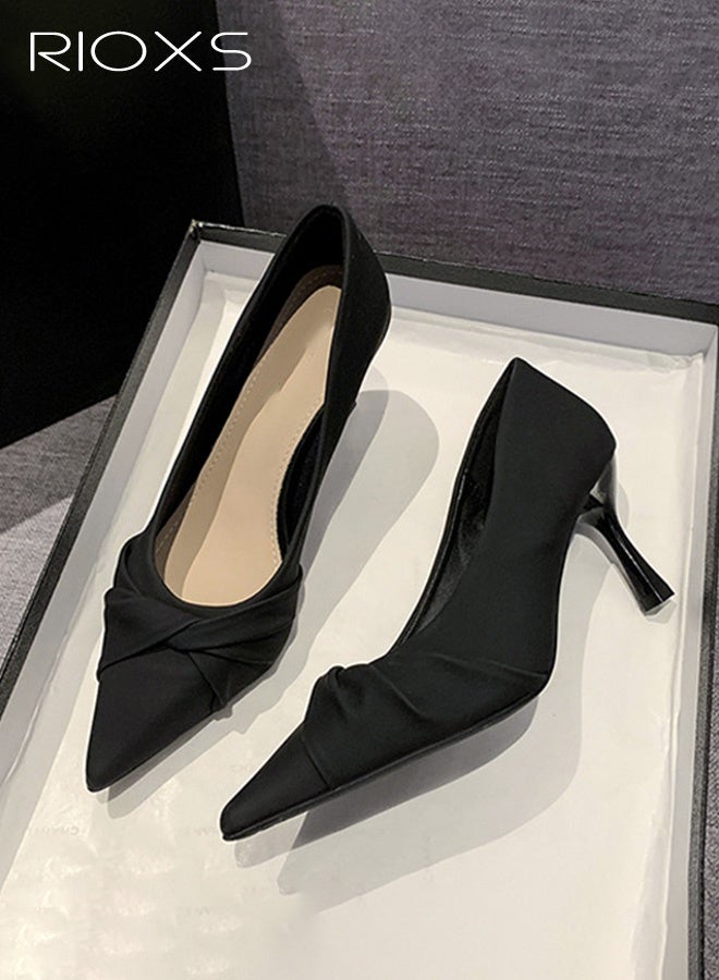 RIOXS Elegant Women's High Heels, Classic Open-Balm Design with Slim Heel for Girls, Fashionable Pointed Toe in Solid Colour with Bow, Comfortable 7cm Heel for Meeting, Outdoor Activities, Dating, Vacation, Daily Life, Black - Image 4